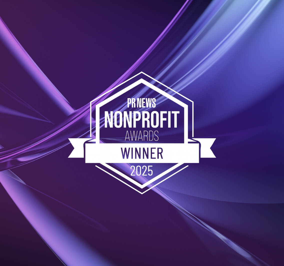 PR NEWS nonprofit 2025 winner award and an abstract liquid digital texture in the background